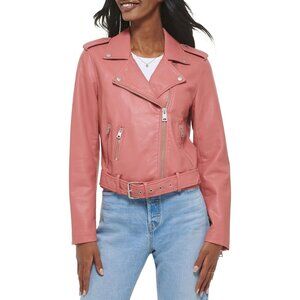 Women's The Classic Faux Leather Moto Jacket Font Zipper Long Sleeve Winter Rose